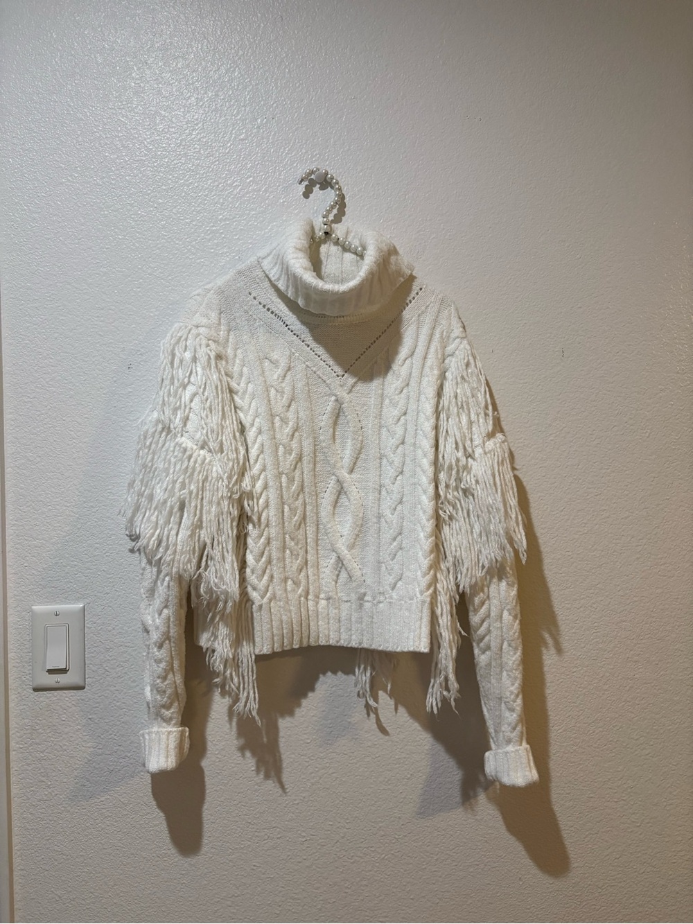 Ronny Kobo Collection Cream Cable Fringe Turtleneck Sweater